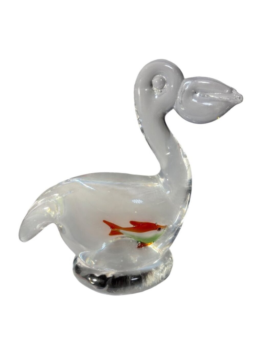 Glass Pelican Figurine Fish In Belly Unique Coastal Whimsical 4.5" Paperweight